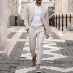 Beige Linen Men’s Two-Piece Casual Wedding Suit Blazer Pants