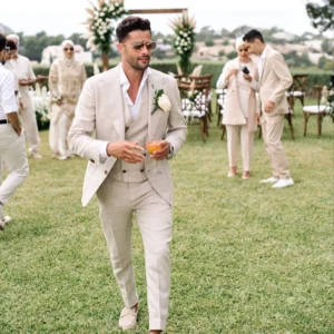 Summer Linen Men Suits Three-Piece Chic Single Breasted Peak Lapel Outfit