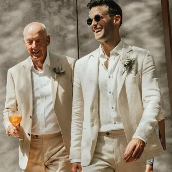 Linen Wedding Groom Tuxedo Summer Prom Blazer Two-Piece Set - Image 2