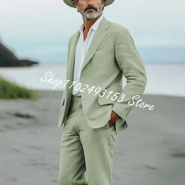 Green Linen Men’s Notched Lapel Summer Two-Piece Wedding Suit - Image 3