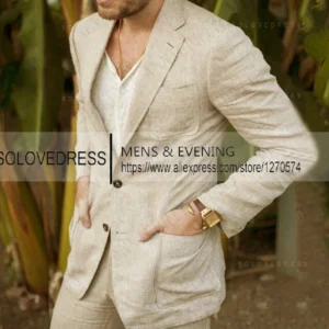 Summer Linen Suit Men Casual Party Classic Blazer Pants Tailor-made Two-piece Set