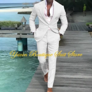 Men's Linen 2-piece Suit Slim Fit Notch Lapel Single Breasted Blazer Pants Set