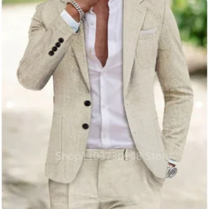 Linen Slim Fit Summer Men Suit Wedding Prom Tuxedo 2-Piece Set
