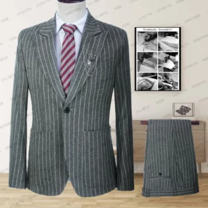 Grey Stripe Linen Suit Men Slim Fit Wedding Business Tuxedo