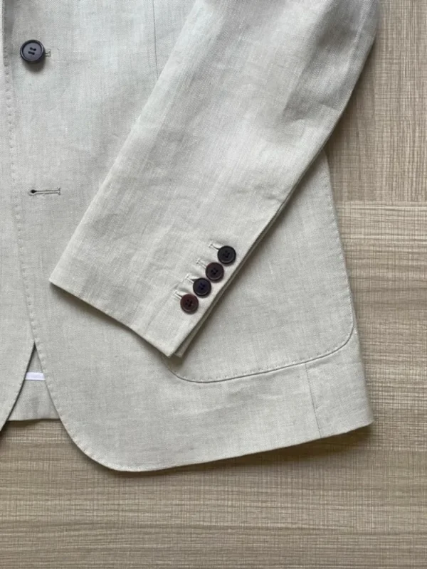 Top Quality Beige White Linen Slim Fit Summer Casual Outfit Set - Image 5