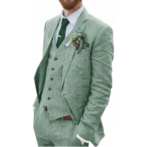 Men's Retro Linen Suit 3 Piece Slim Fit Beach Wedding Outfit Blazer Vest Pants