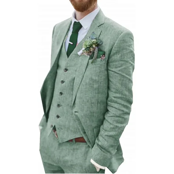 Men's Retro Linen Suit 3 Piece Slim Fit Beach Wedding Outfit Blazer Vest Pants