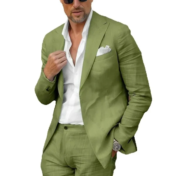 Green Linen Suit Men Slim Fit Peaked Lapel 2 Piece Set Jacket Pants - Image 2