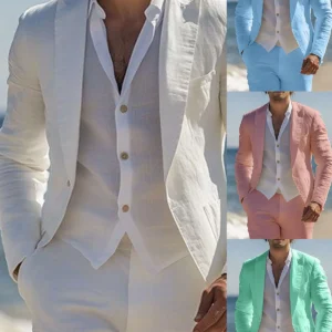 Summer Beach Linen Slim Fit Peaked Lapel Blazer Masculino Suit Men Tuxedo Custom Set