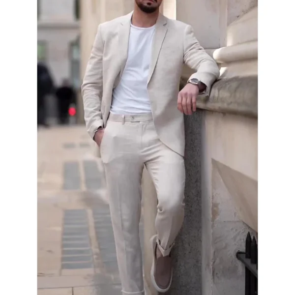 Beige Linen Men’s Two-Piece Casual Wedding Suit Blazer Pants - Image 2