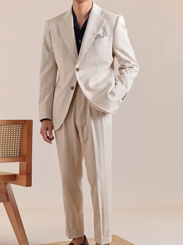 Beige Cotton Linen Men’s Suit Set Summer Thin Casual Blazer - Image 5