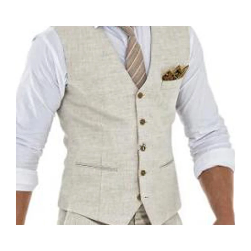 Summer Linen Beige Men's Suits Vest Single Breasted Casual Slim Waistcoat - Image 2