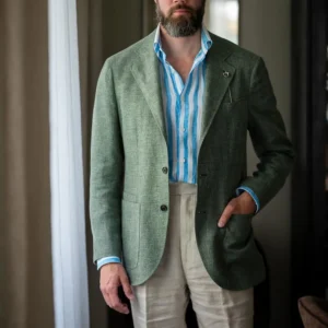 Summer Linen Men's Suit Green Blazer Beige Pants Beach Wedding Outfit