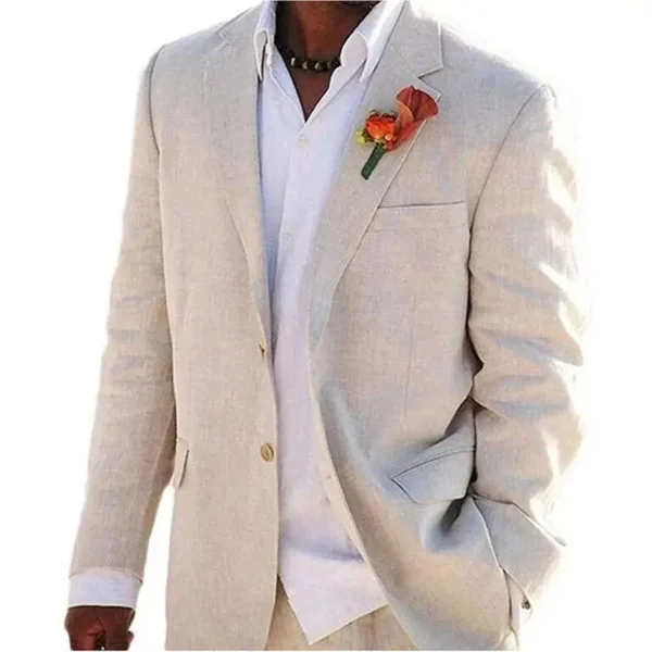 Beige Linen Men Suit Two Piece Casual Beach Wedding Outfit Set - Image 2