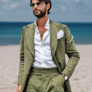 Beach Summer Linen Suit Men Slim Fit 2 Piece Outfit Set Blazer Pants