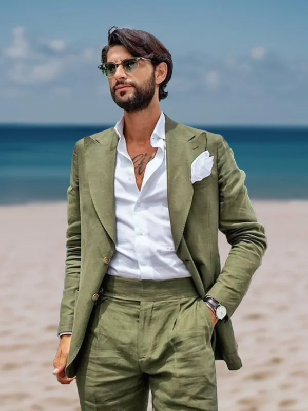 Beach Summer Linen Suit Men Slim Fit 2 Piece Outfit Set Blazer Pants