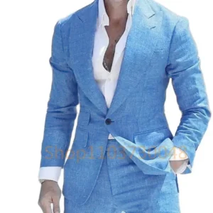 Men's Light Blue Linen Suit Slim Fit Summer Prom Outfit Set Elegant
