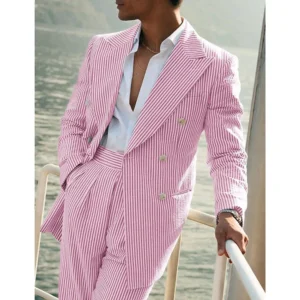 Light Pink Vertical Stripes Suits for Men Two-piece Set Summer Linen Suit