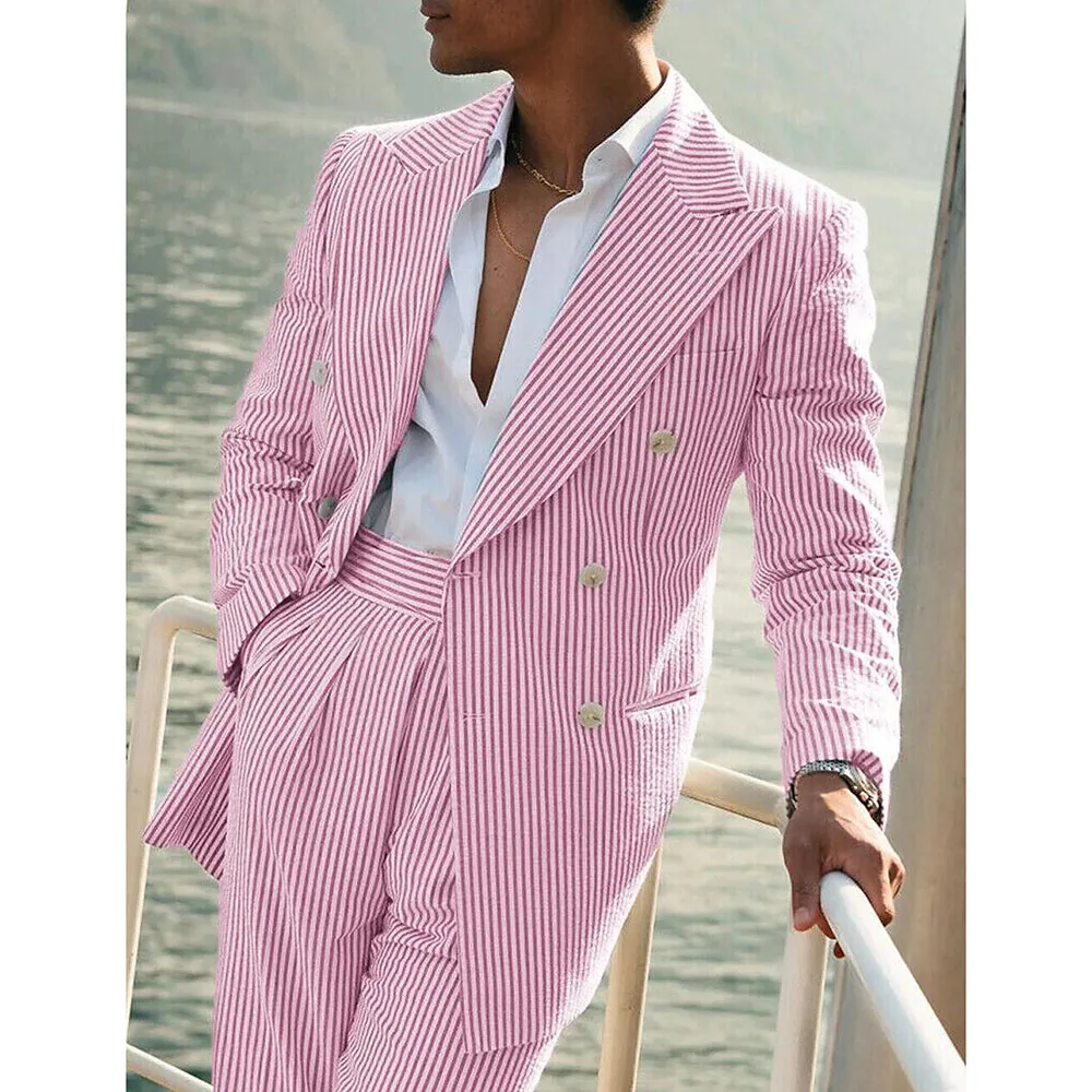 Light Pink Vertical Stripes Suits for Men Two-piece Set Summer Linen Suit