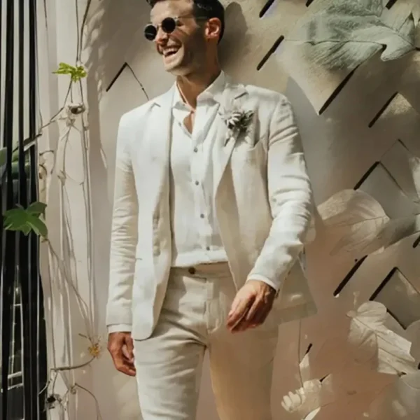 Beige Linen Slim Fit Men's Suit Wedding Casual 2-Piece Outfit - Image 2