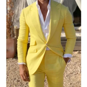 Yellow Linen Beach Men Suits Slim Fit 2 Piece Wedding Tuxedo Set