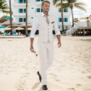 Mens Linen Suit Slim Fit Wedding 2 Piece Summer Beach Tuxedo Set