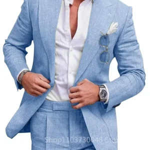 Blue/Beige Linen Men Suits Smart Casual Peak Lapel Slim Fit Two-piece Set