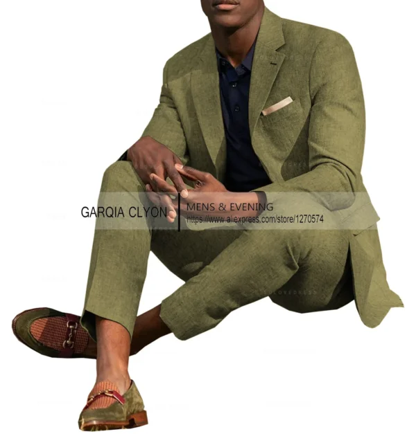 Linen Men's Summer Suit Two Piece Casual Wedding Blazer Set Outfit - Image 5