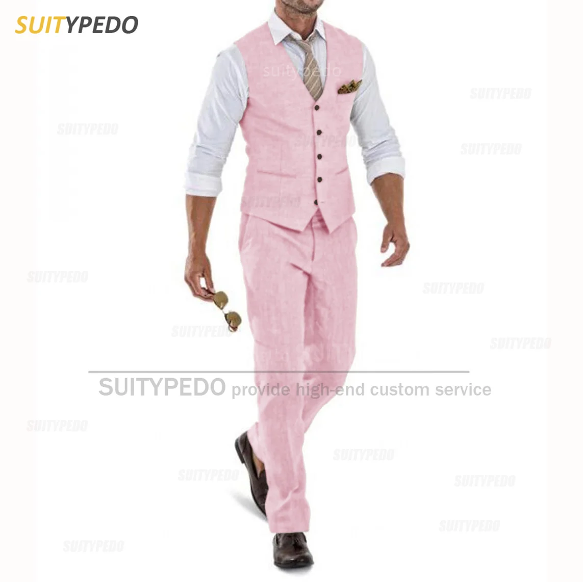 Linen Suit For Men Casual Slim Fit Ivory Vest Pants Wedding Set - Image 3