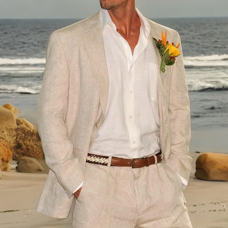 Beige Linen Wedding Suit Men Summer Beach Groom Tuxedo Set - Image 2