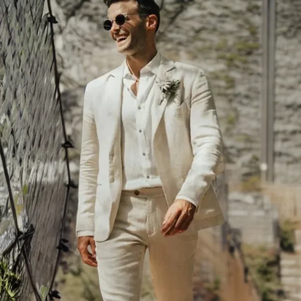 Linen Wedding Groom Tuxedo Summer Prom Blazer Two-Piece Set - Image 3