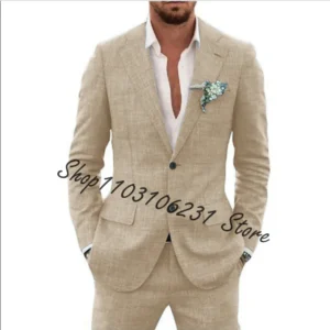 Linen Male Jacket Pants Casual Groom Slim Fit Wedding Suit Set