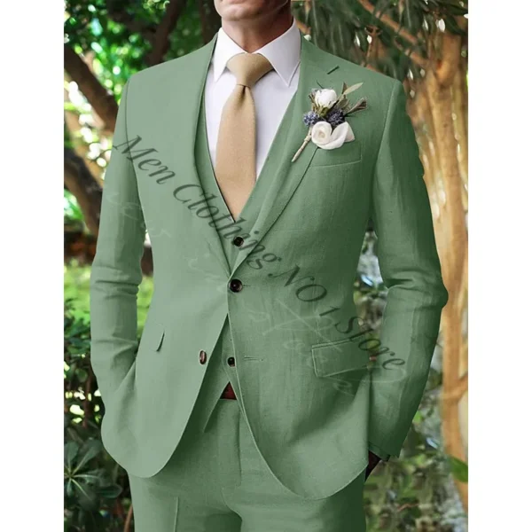 Sage Green Linen Men's 3-Piece Suit Summer Beach Wedding Outfit
