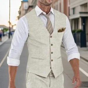 Summer Linen Beige Men's Suits Vest Single Breasted Casual Slim Waistcoat