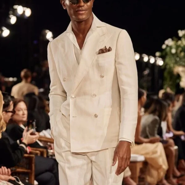 Ivory Linen Men's Suit 2-Piece Formal Casual Groom Wedding Tuxedo