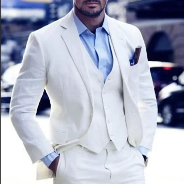 Summer Beach Linen Suit Men 3 Piece Slim Fit Tuxedo Groom Wedding Outfit