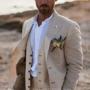 Beige Linen Men Suit Three Piece Wedding Groom Beach Outfit Set Elegant