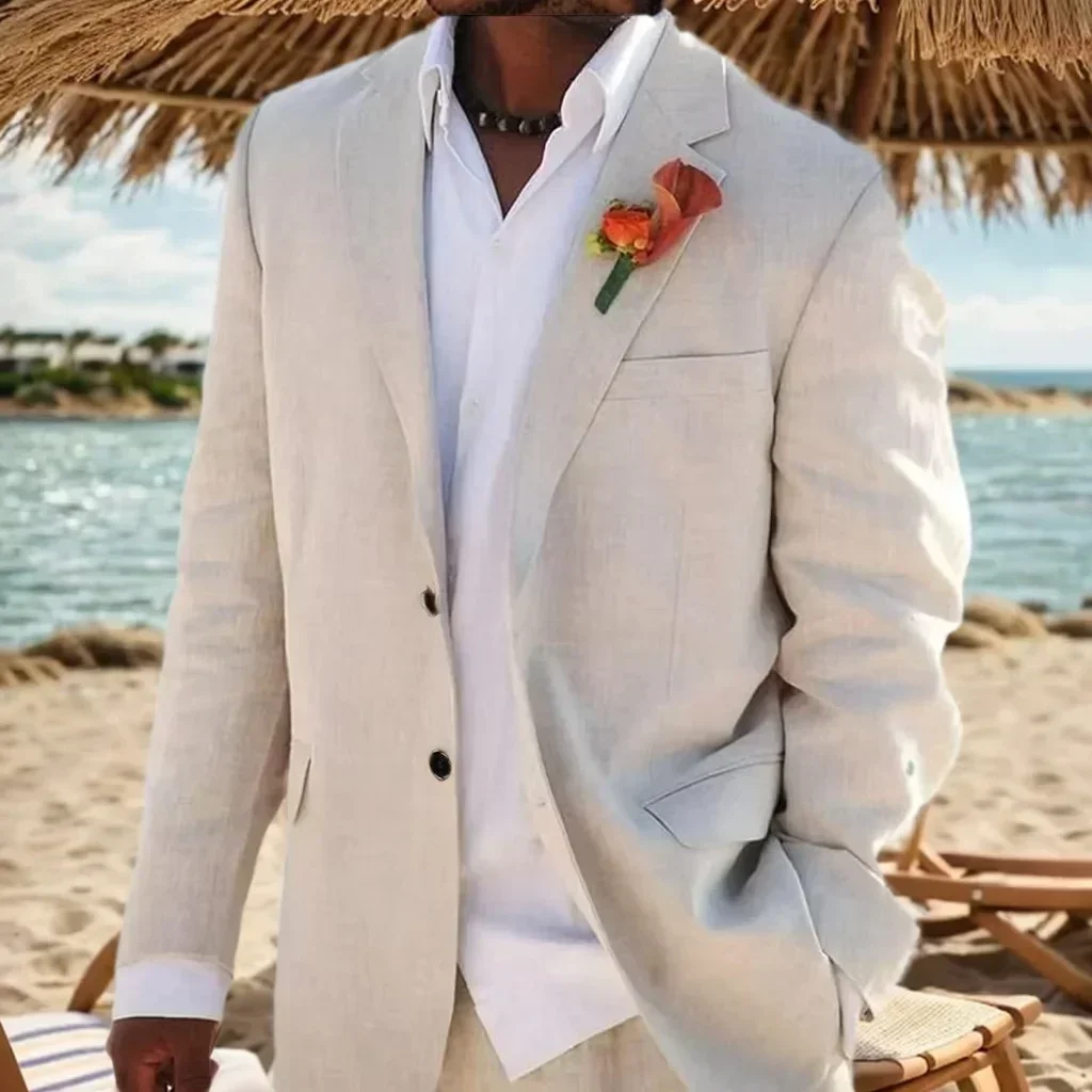 Slim Fit Linen Suit For Men 2 Pieces Blazer Pant Set Lightweight Summer Outfit - Image 3