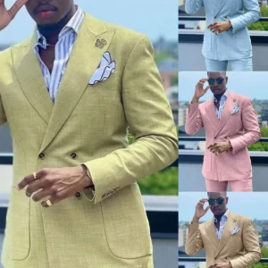 Summer Linen Slim Fit Double Breasted Men Suit Set Casual Outfit
