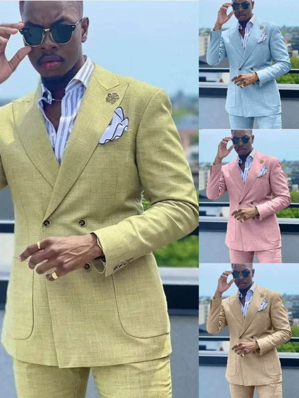 Summer Linen Slim Fit Double Breasted Men Suit Set Casual Outfit
