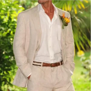 Beige Linen Men Suit Two Piece Casual Beach Wedding Outfit Set