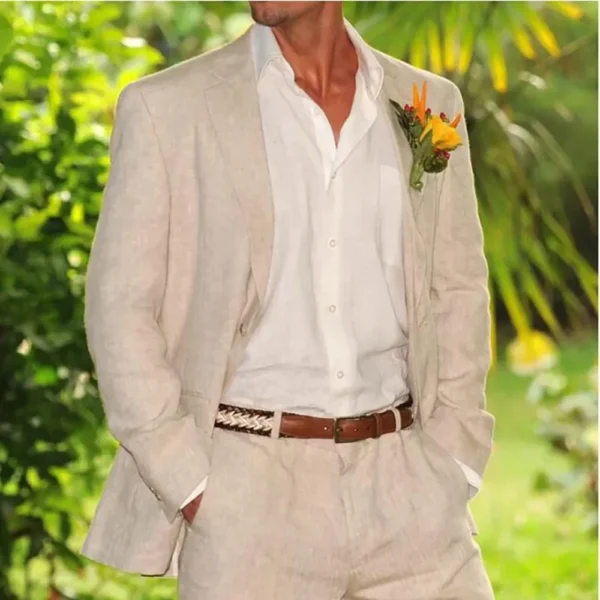 Beige Linen Men Suit Two Piece Casual Beach Wedding Outfit Set