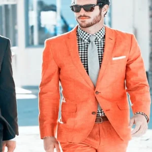 Custom Orange Linen Groomsman Suit 2Pcs Summer Wedding Tuxedo