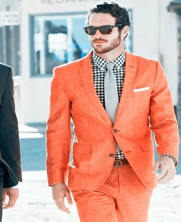 Custom Orange Linen Groomsman Suit 2Pcs Summer Wedding Tuxedo