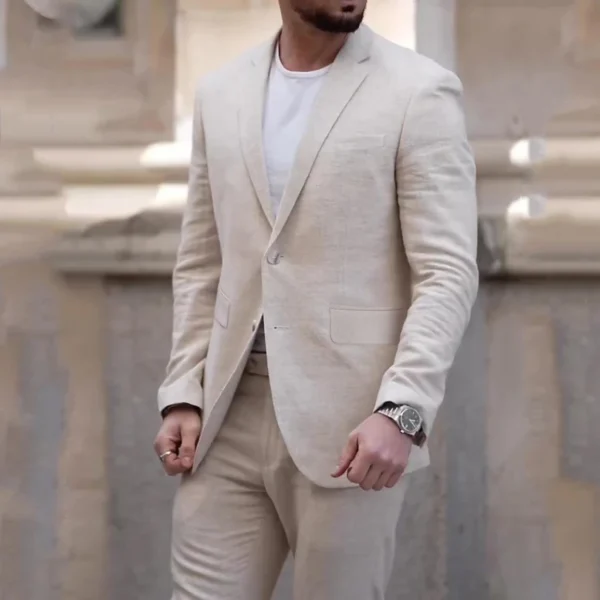 Beige Linen Men’s Two-Piece Casual Wedding Suit Blazer Pants - Image 4