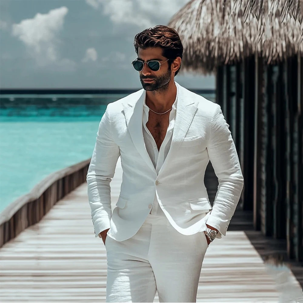 White Linen Suits For Men 2 Pieces Beach Wedding Party Tuxedos