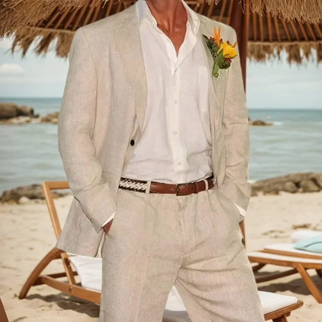 Slim Fit Linen Suit For Men 2 Pieces Blazer Pant Set Lightweight Summer Outfit - Image 4