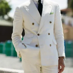 Beige Linen Men Suit Slim Fit Double Breasted Wedding Blazer