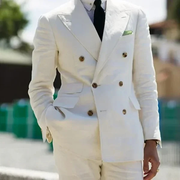 Beige Linen Men Suit Slim Fit Double Breasted Wedding Blazer