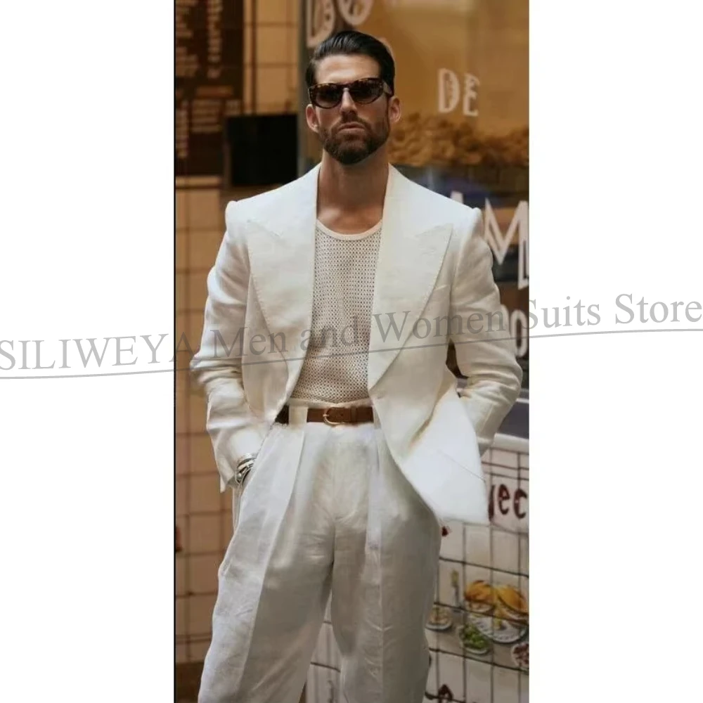 Summer Linen Men Suits 2 Piece Wide Lapel Wedding Groom Tuxedo Set